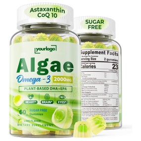 Wholesale Vegan Omega 3 Algae Oil DHA EPA from Marine CoQ10 Supplement Astaxanthin Gummies Folic Acid Vitamin E A D3 Sugar-Free