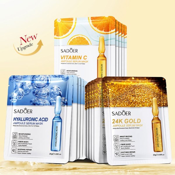 OEM SADOER维生素c 24k黄金透明质酸美白隐形胶原蛋白水晶护肤有机纯素面膜片