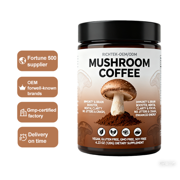 ODM & OEM 6-in-1 Organic Instant Mushroom Coffee Blend Powder Neutral Taste Slimming Functional Bottled