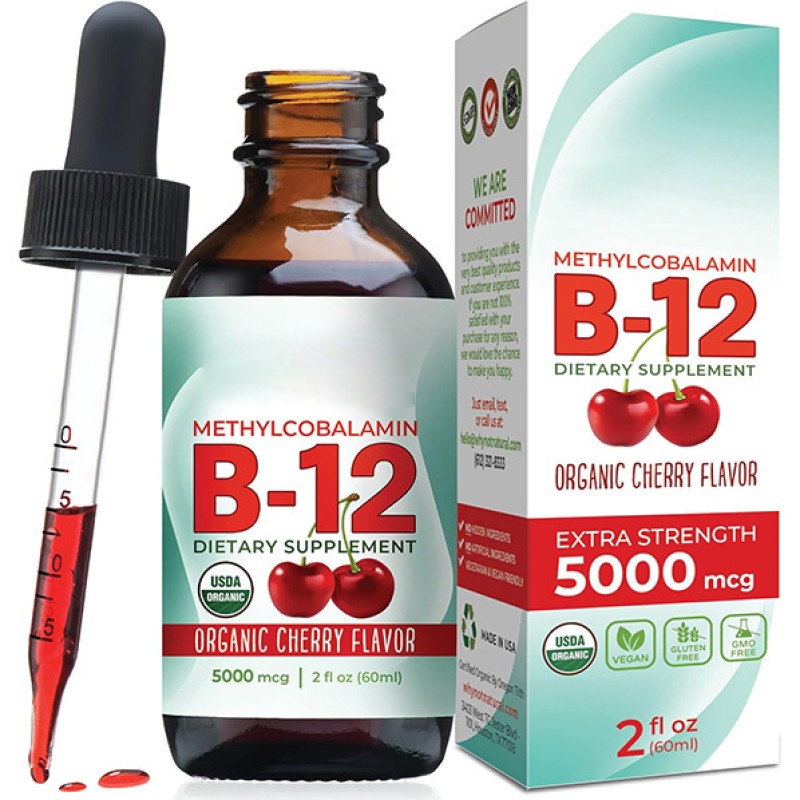 Organic Vegan Vitamin B12 Drops Non-GMO Sugar-Free Fruit Flavor Supplement