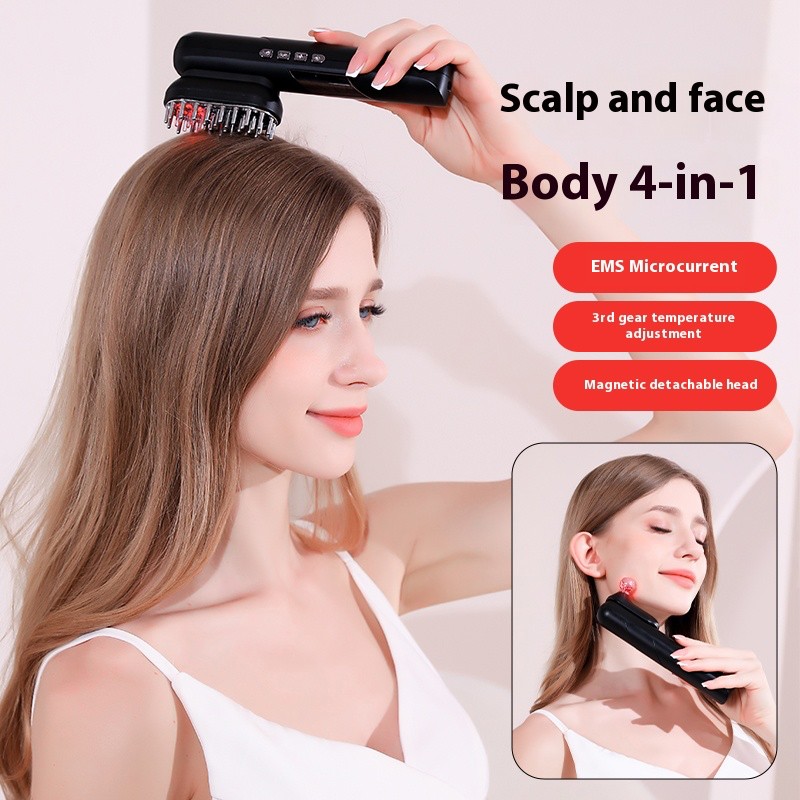 4-in-1 EMS Heating Beauty Comb with Interchangeable Massage Heads, Hair & Scalp Care Device, Rechargeable