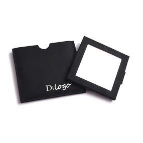 Luxury Silver Stamping Custom Logo Square Black Wallet Pouch Hand Held Portable Cosmetic Pocket Mirror