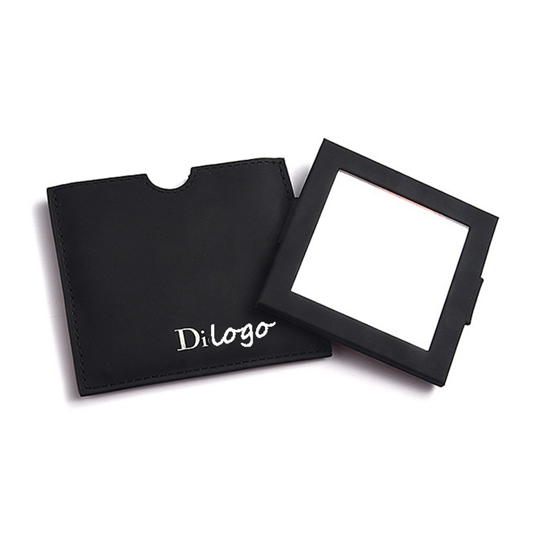 Luxury Silver Stamping Custom Logo Square Black Wallet Pouch Hand Held Portable Cosmetic Pocket Mirror