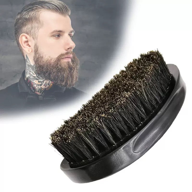 Custom Natural Boar Bristle Men's Beard Brush Wooden Handle Curved 360 Wave Black Beard Brush