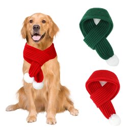 Knitted Dog Christmas Scarf Manufacturer - OKKPETS with White Fluffy Pom Pom