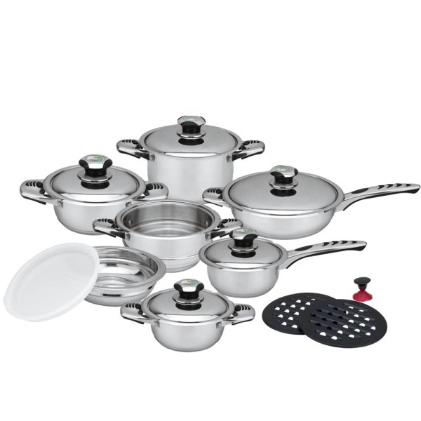 Cookware Set Supplier - 16 Pcs Wide Edge Stainless Steel with Glass Lid for All Stoves