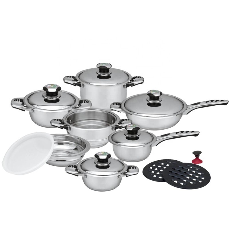 Cookware Set Supplier - 16 Pcs Wide Edge Stainless Steel with Glass Lid for All Stoves
