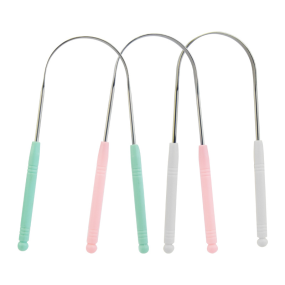 High Quality Plastic Handle Tongue Scraper Stainless Steel Reusable Oral Care Cleaning Tool Tongue Scrubber for Men and Women