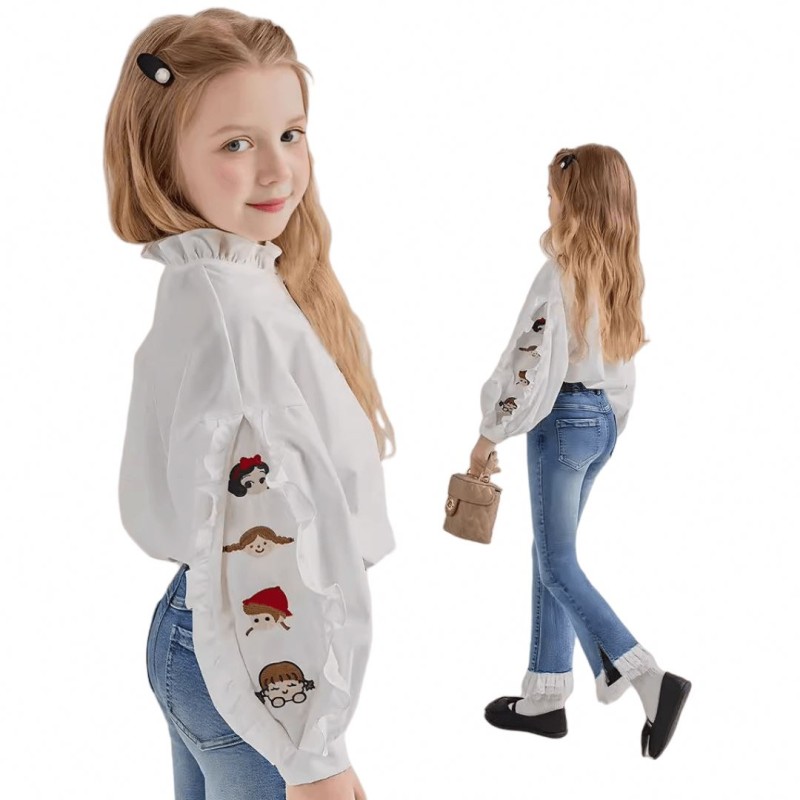 Girls T-Shirts - Cartoon Embroidery Round Neck