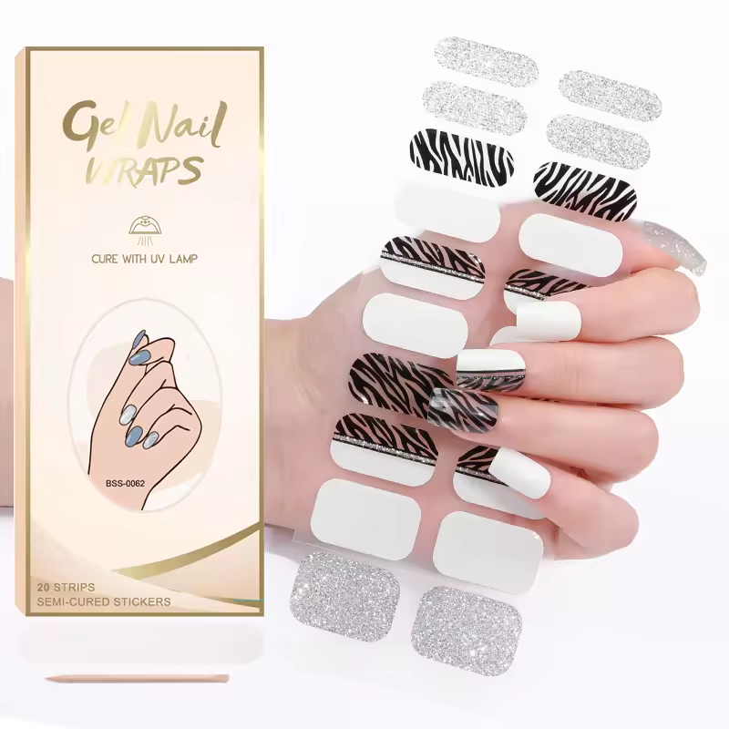 High Quality Low Price Low Qty Custom Full Cover Non-Toxic Long Lasting Semi Cured UV Gel Nail Wraps Sticker Gel Nail Strips