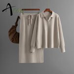 Women's Knit Set Factory - Polo Neck Sweater Skirt Set