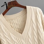 Women's Knit Set Factory - V Neck Cable Knit Pants Set