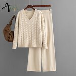 Women's Knit Set Factory - V Neck Cable Knit Pants Set