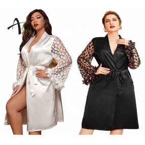 Black Lace Robe Factory - Plus Size Silk Satin Robe