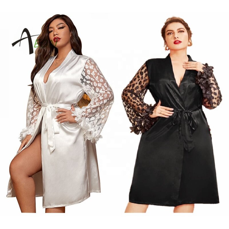 Black Lace Robe Factory - Plus Size Silk Satin Robe
