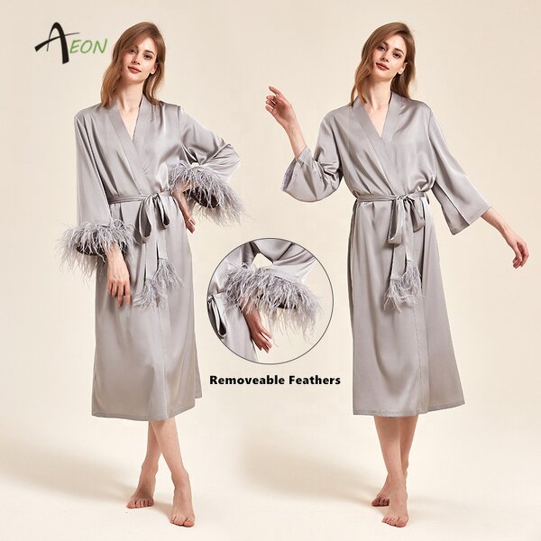 Feathered Kimono Robe Factory - Pink Long Dressing Gown