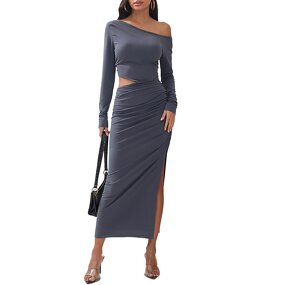 Two Piece Dress Supplier - Off Shoulder Long Sleeve Slit Grey Bodycon Plus