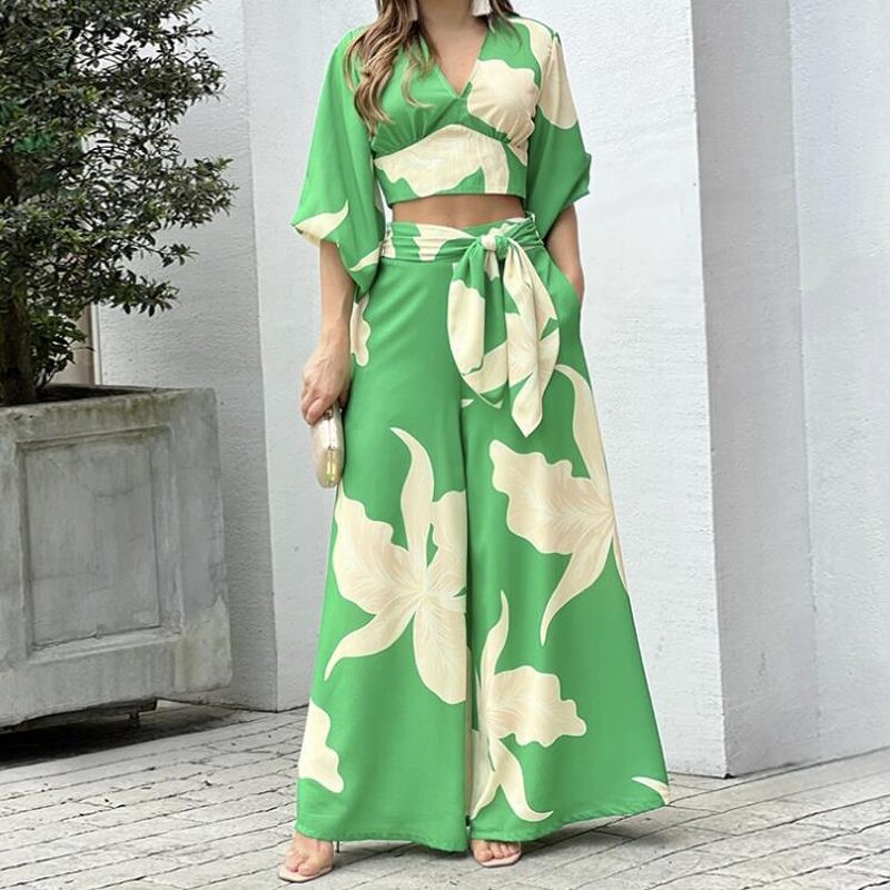 Two Piece Set Supplier - Print Loose V Neck Wrap Crop Tops & Wide Leg