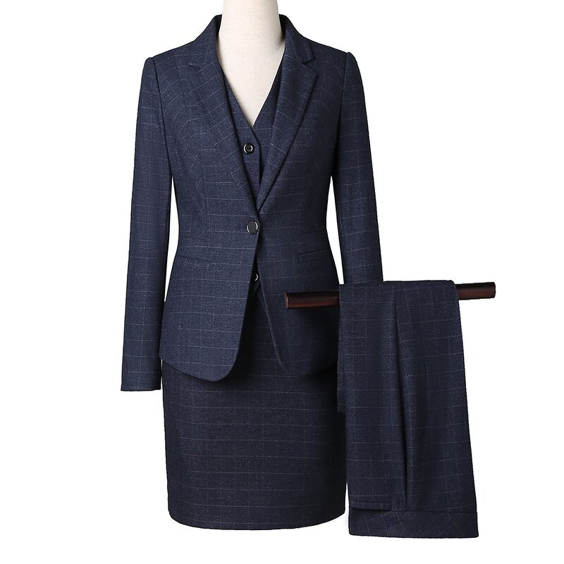 Pant Suit Set Factory - OEM 4 Piece Plaid Formal Office Uniform