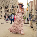 Maxi Dress Factory - Floral Printing Deep V Neck Long Sleeve Ruffle