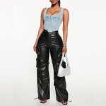 Trousers Supplier - OEM Factory Ladies Black Faux Leather Cargo