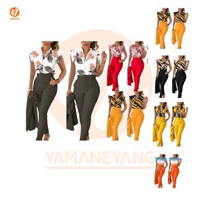 Women's Set Factory - Europe US Chiffon Printed Lotus Sleeve Shirt Pants