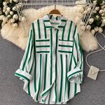 Women's Top Factory - Casual Mid-Length Loose Turtleneck Striped
