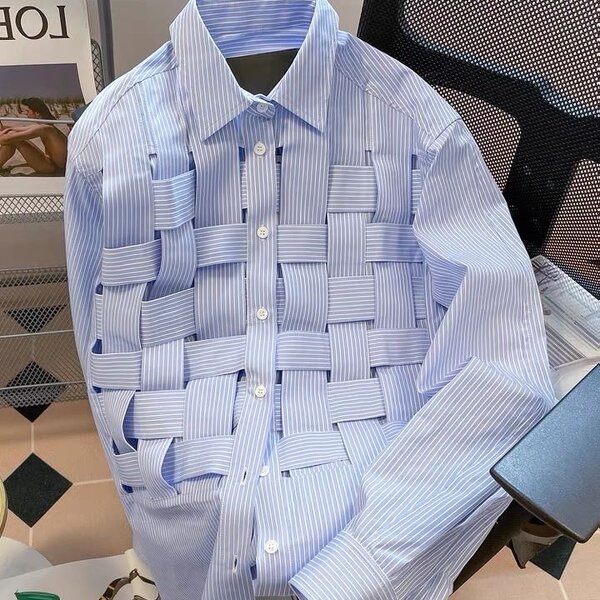 Women's Shirt Factory - 2025 Spring Blue Long Sleeved Striped Polo