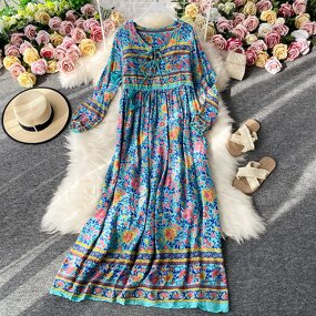 Beach Dress Supplier - V Neck Women's Floral Long Sleeve Casual Summer