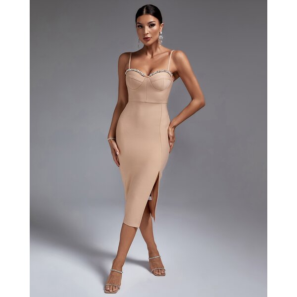 Cocktail Dress Factory - Spaghetti Strap Shiny Crystal Embellished Side Slit