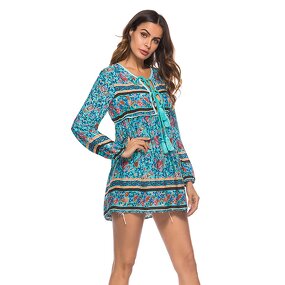 Printing Dress Supplier - V Neck Strap Tassel Church for Women Mini Asian