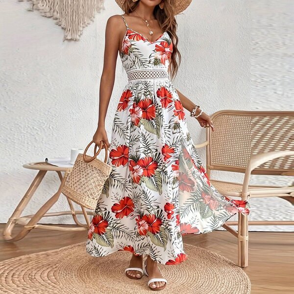 Lace Maxi Dress Supplier - Slit Strap Floral Print Beach Plus Size High