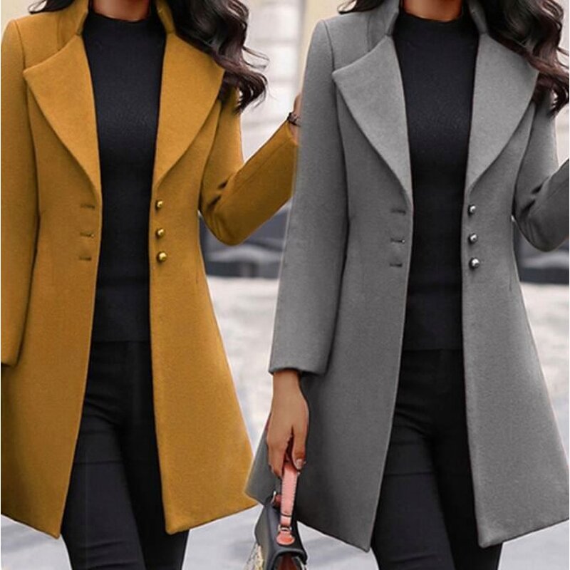 Women's Coat Supplier - Long Lapel Solid Color Button Cardigan