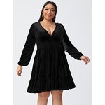 Plus Size Dress Factory - V Neck Cinched Long Sleeve Skirt Casual Elegant