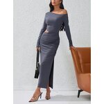 Two Piece Dress Supplier - Off Shoulder Long Sleeve Slit Grey Bodycon Plus