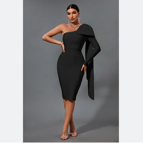 Bandage Dress Supplier - Black Solid Bowknot Evening One Shoulder Club