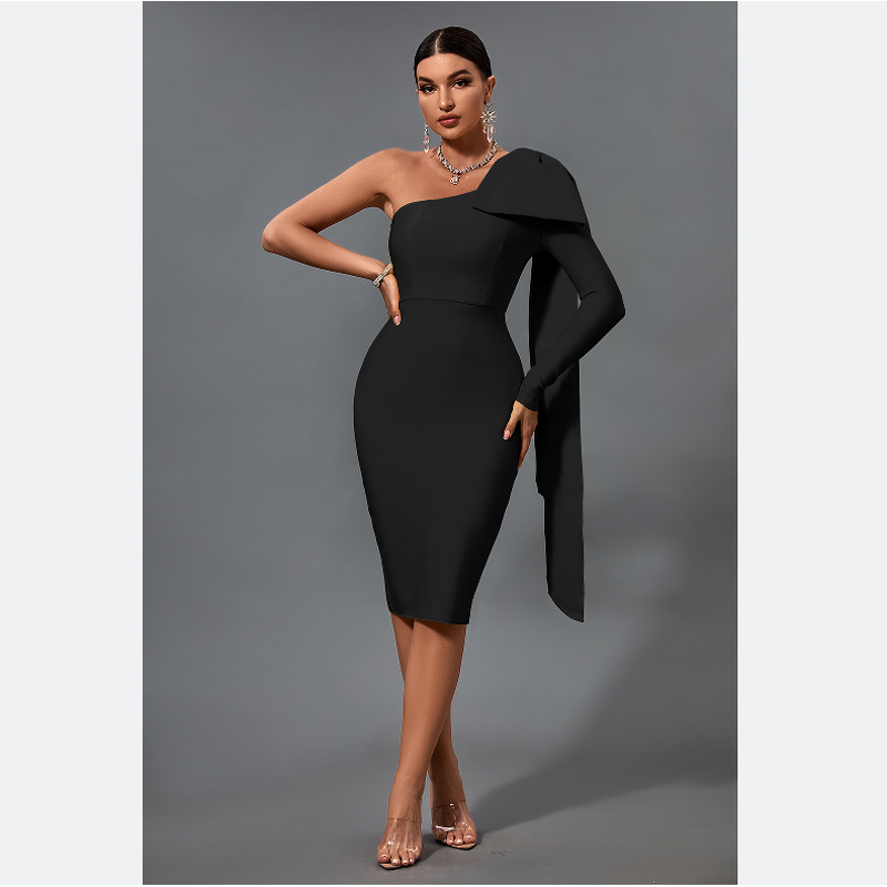 Bandage Dress Supplier - Black Solid Bowknot Evening One Shoulder Club