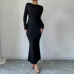 Bodycon Dress Factory - Long Dress Hip Wrapped Round Collar Pullover Backless