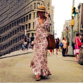 Maxi Dress Factory - Floral Printing Deep V Neck Long Sleeve Ruffle