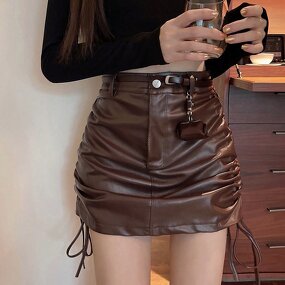 Leather Skirt Supplier - Chic Pu Vinyl High Waist Solid Drawstring Bandage
