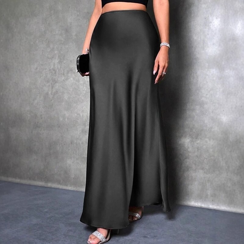 Satin Skirt Factory - Fashion Breathable Spring Casual Solid Black High Waist