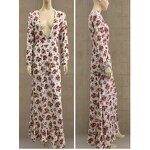 Maxi Dress Factory - Floral Printing Deep V Neck Long Sleeve Ruffle