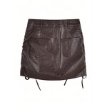 Leather Skirt Supplier - Chic Pu Vinyl High Waist Solid Drawstring Bandage