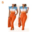 Women's Set Factory - Europe US Chiffon Printed Lotus Sleeve Shirt Pants