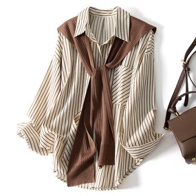 Two-piece Shirt Supplier - Shawl Stripe Lapel Long Sleeve Loose Autumn
