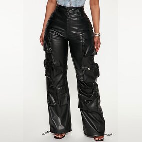 Trousers Supplier - OEM Factory Ladies Black Faux Leather Cargo