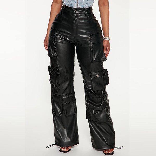 Trousers Supplier - OEM Factory Ladies Black Faux Leather Cargo