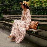 Maxi Dress Factory - Floral Printing Deep V Neck Long Sleeve Ruffle
