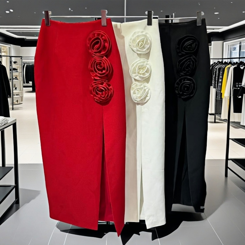 Bodycon Skirt Supplier - High Quality Ladies Winter 3D Flower Red Maxi