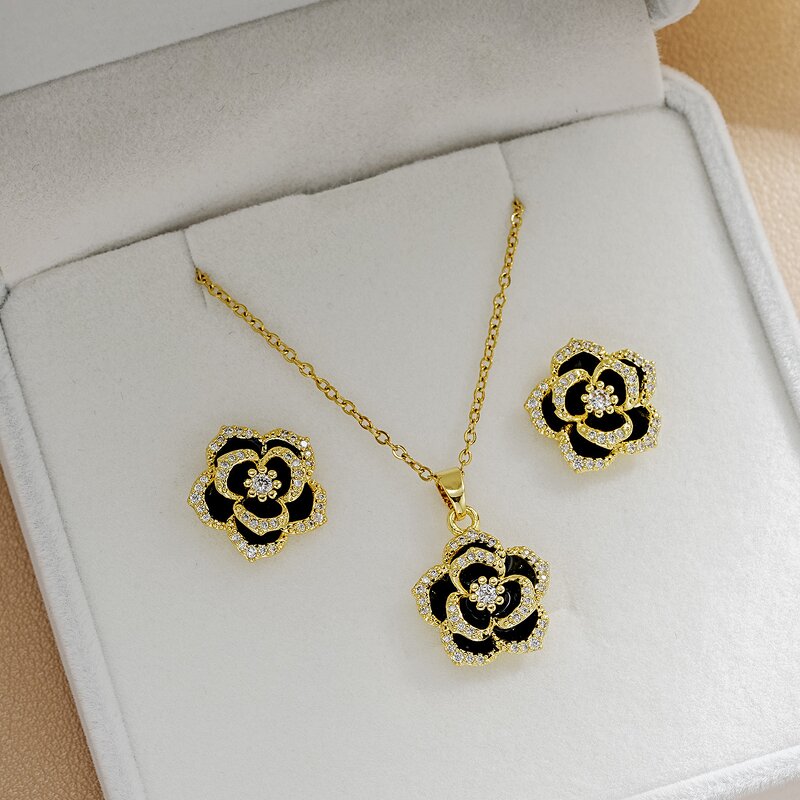 Camellia Jewelry Set Factory - Luxury Zircon Stainless Steel Flower Necklace